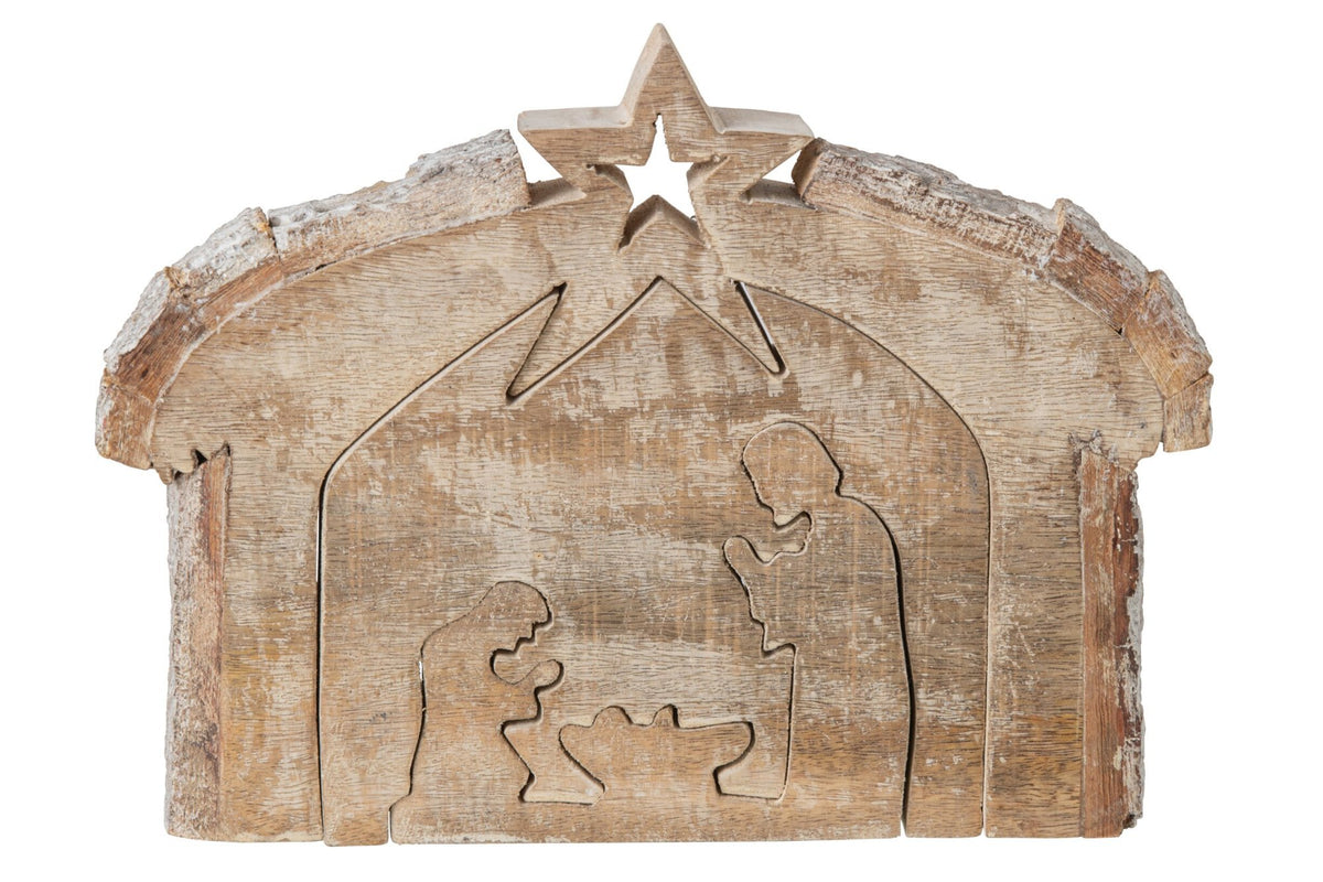 J-Line Kerststal - mangohout - naturel/wit - large