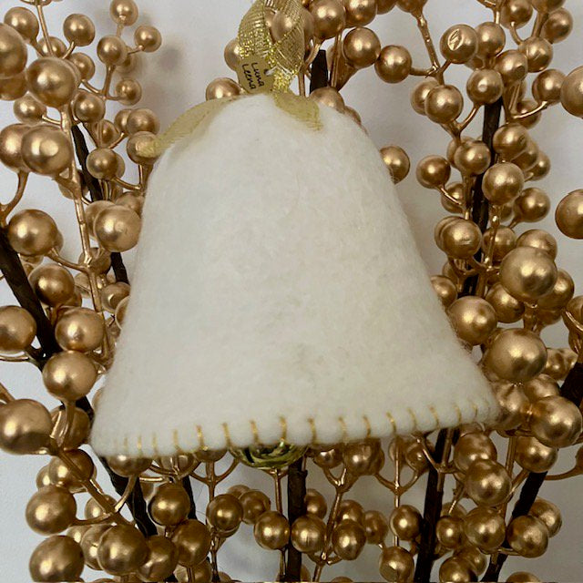 Luna-Leena kerstklokken (set 3) ornamenten - gebroken wit & goud - wol - handgemaakt in Nepal