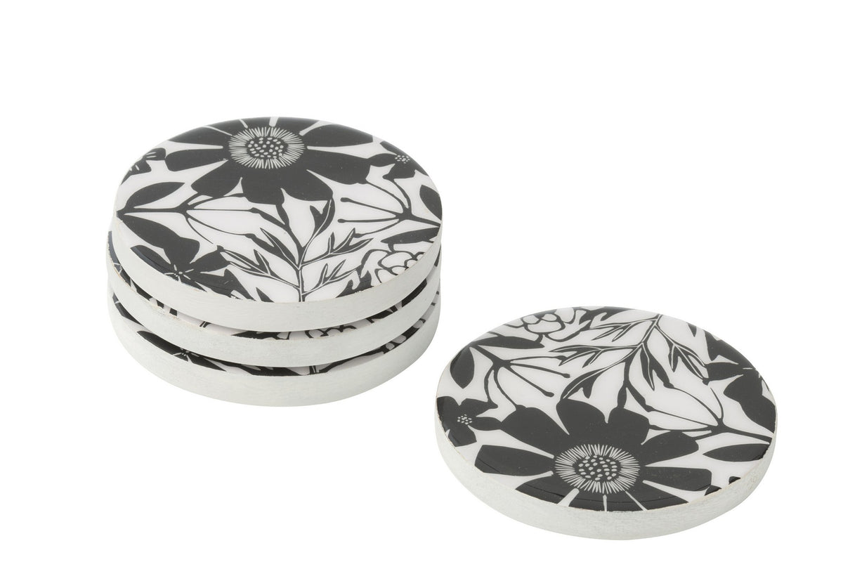 J-Line onderzetter Bloemen - hout - zwart/wit - set van 4