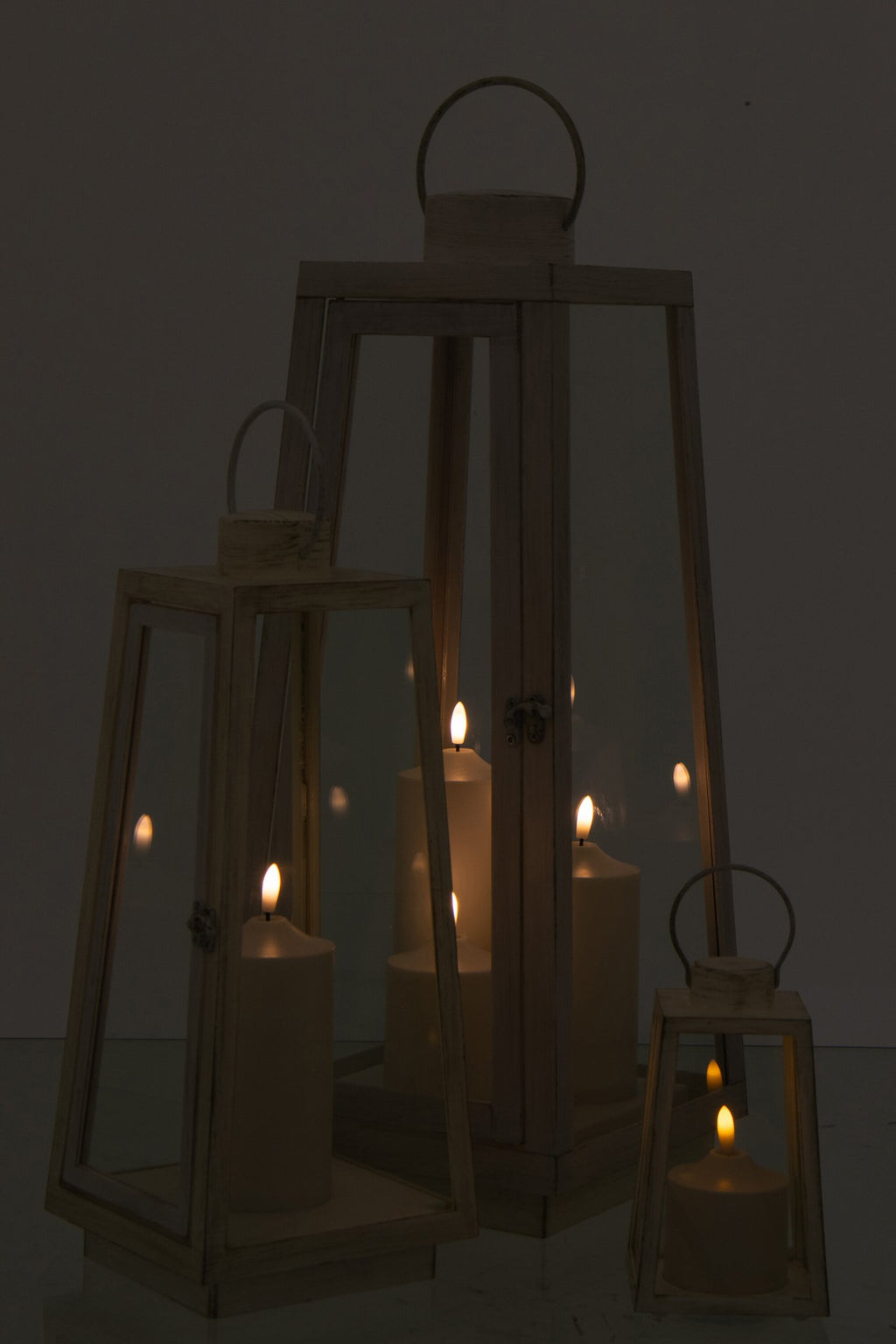 J-Line lantaarn + kaars - glas - wit - L - LED lichtjes