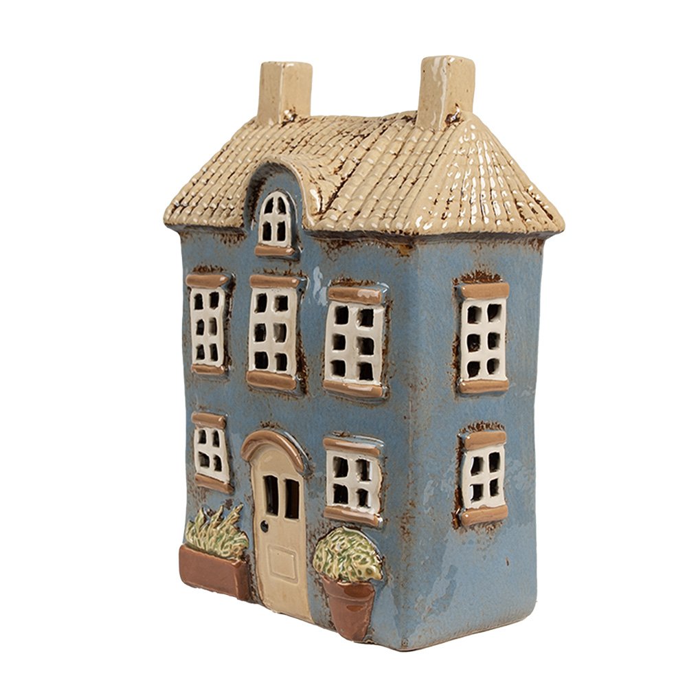 Waxinelichthouder Huis 16x10x23 cm Blauw Beige Keramiek Theelichthouder