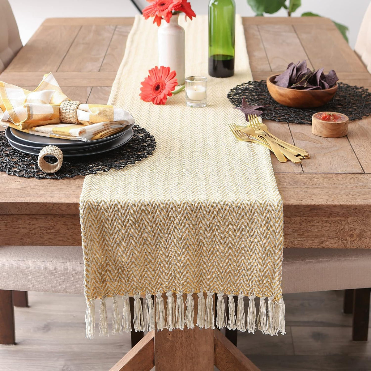 Katoenen Chevron-tafelloper – eetlinnen – handgemaakt – 13x72 inch