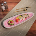 Roze & Wit Emaille Serveerschaal – Handgemaakt Acaciahout – 41x15x3 cm