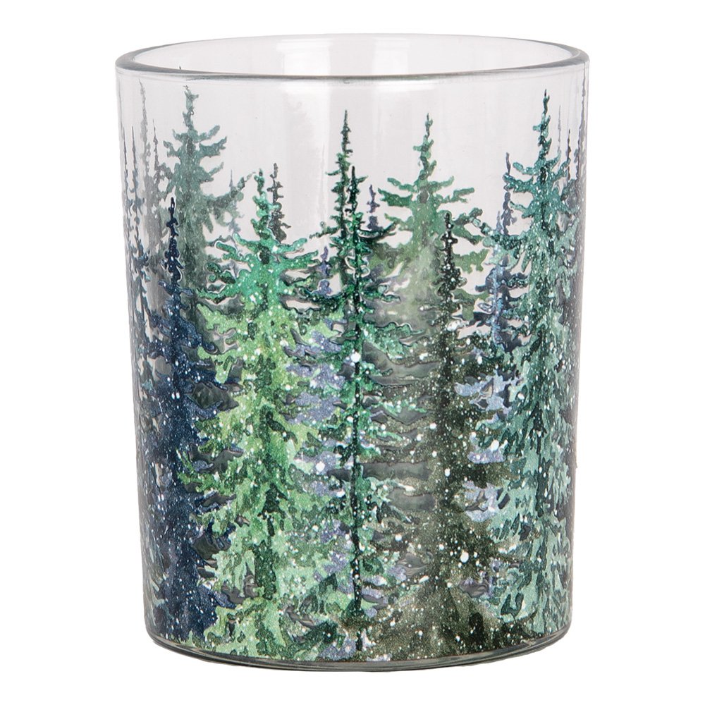 Theelichthouder Set van 2 Ø 7x8 / 10x13 cm Groen Glas Dennenbomen