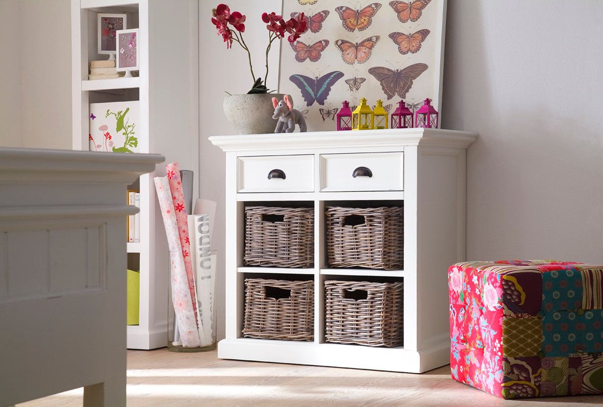 Dressoir wit - 90bx50dx85 hoog - 2 laden - 4 rotan mandjes