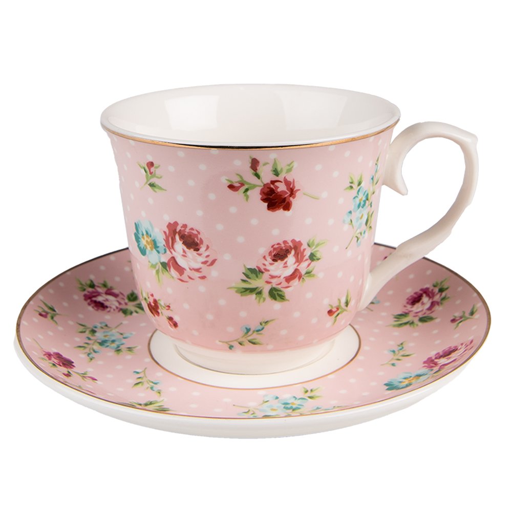 Kop en Schotel 250 ml Roze Porselein Bloemen Servies