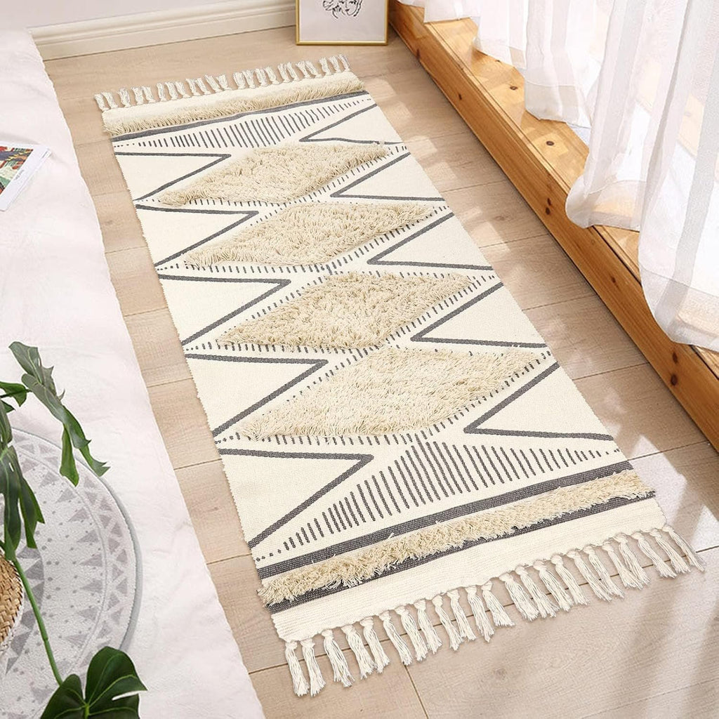 Handgeweven katoenen vloerkleed – natuurlijke vezels – 60x152 cm (2x5 ft) – witte driehoek