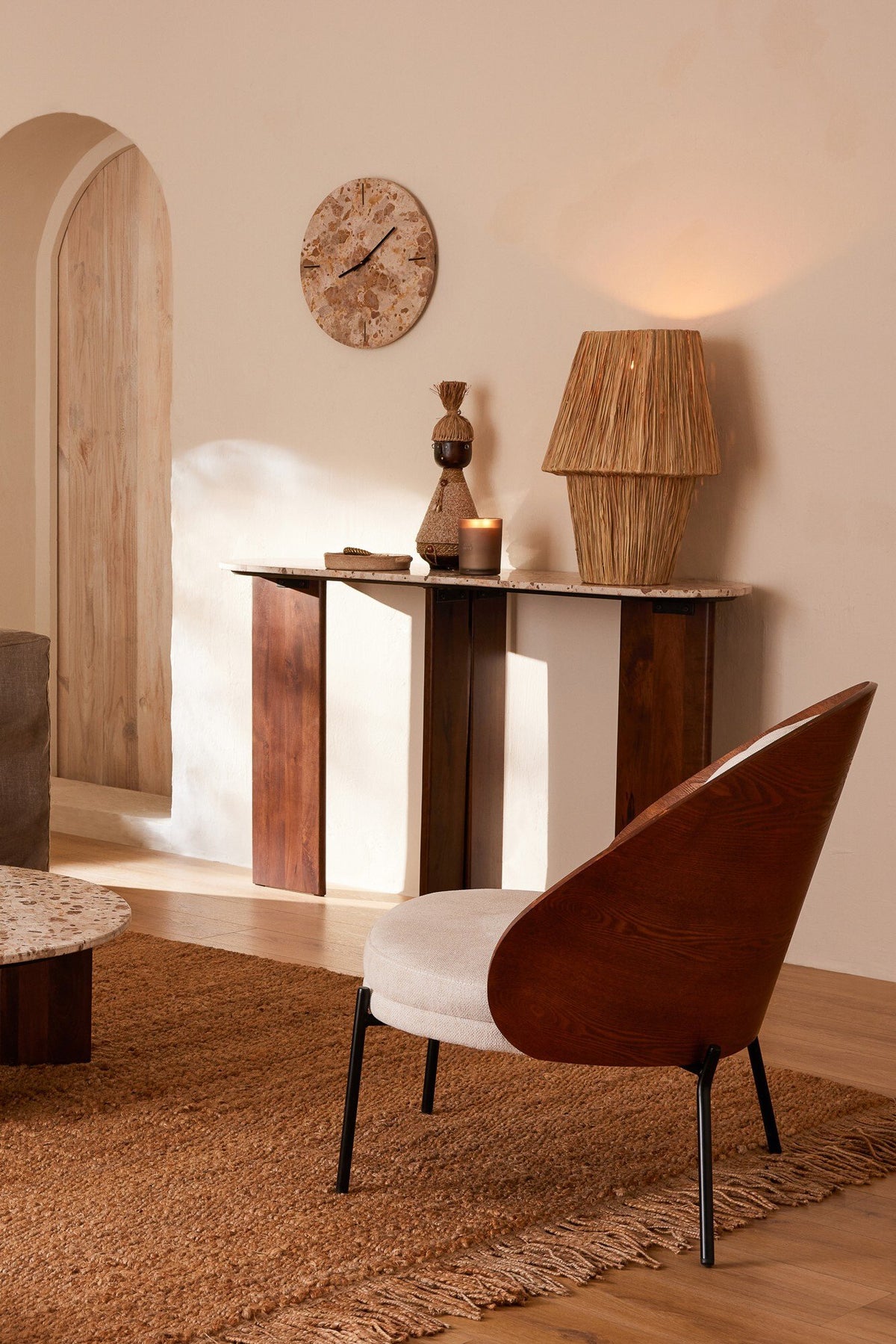 J-Line klok Rond Marmer - steen - beige/zwart
