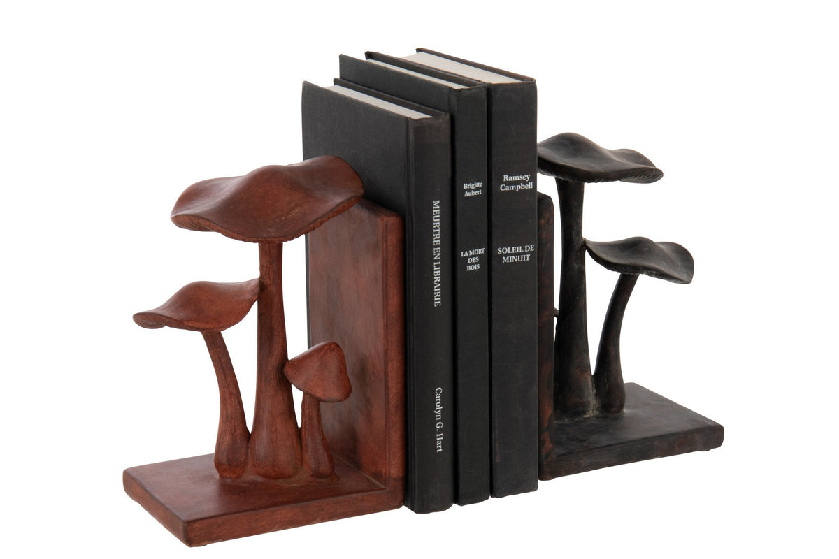J-Line boekensteun Paddenstoel - polyresin - bruin/zwart - set van 2