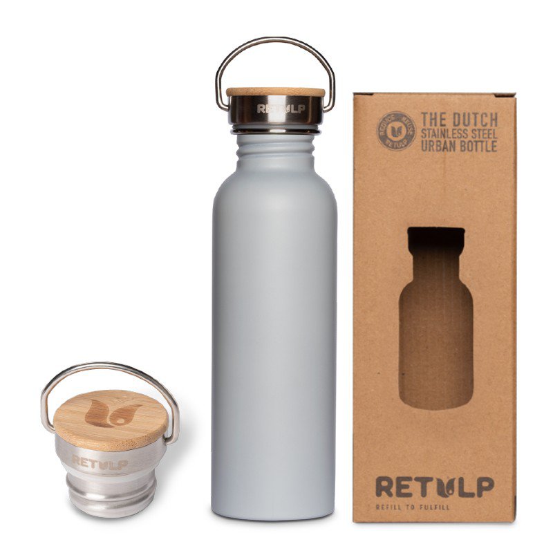 RVS drinkfles lekvrij bamboe dop Grey 750 ml