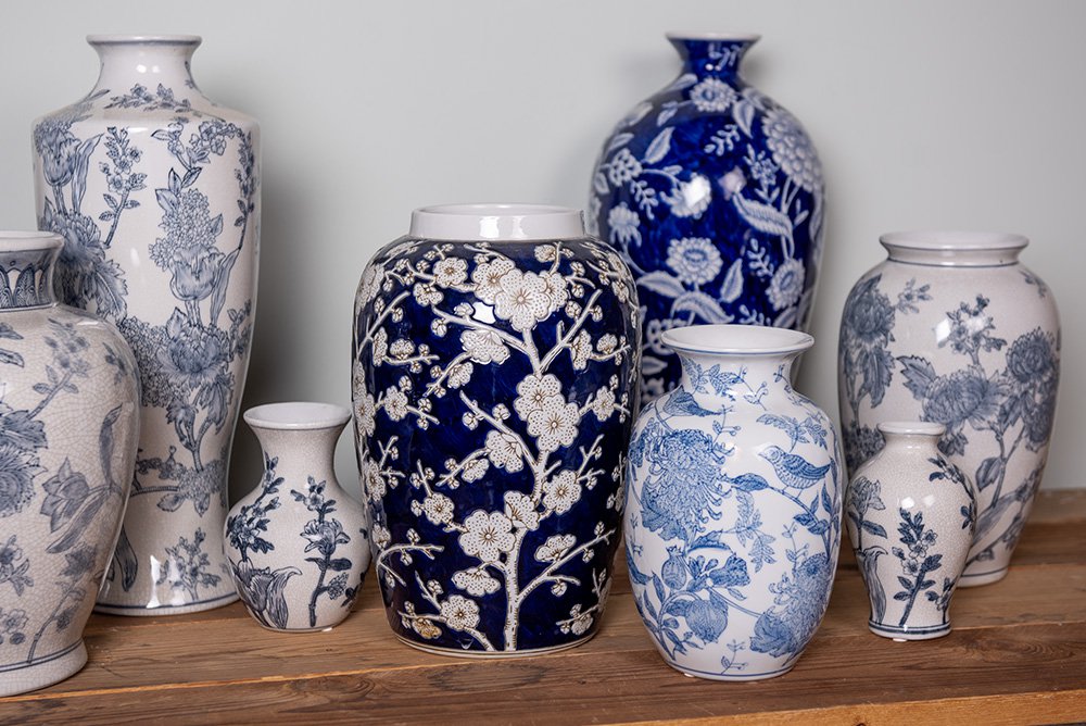 Vaas Ø 16x42 cm Wit Blauw Keramiek Bloemen