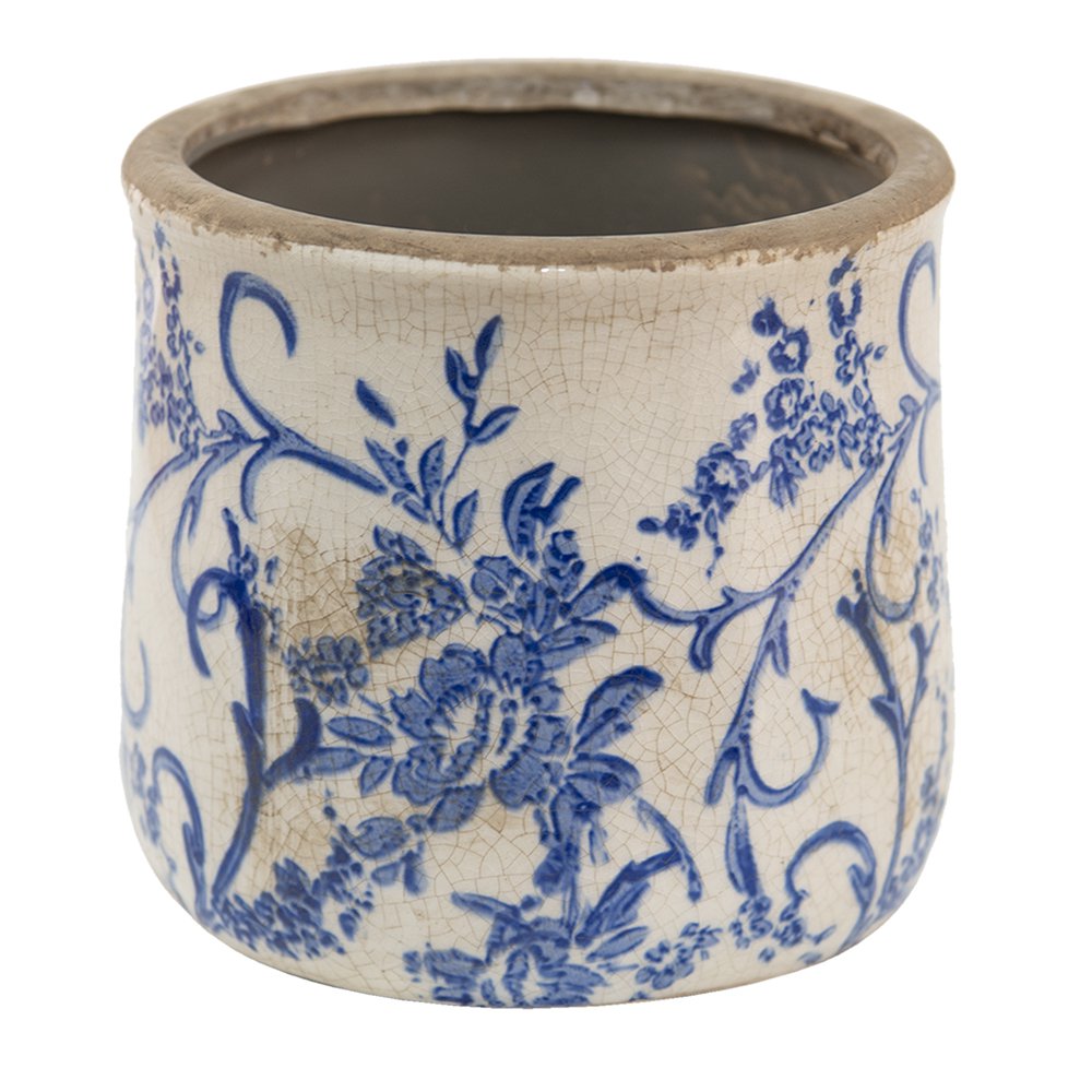 Bloempot Ø 12x11 cm Blauw Wit Keramiek Bloemen Bloempot Binnen