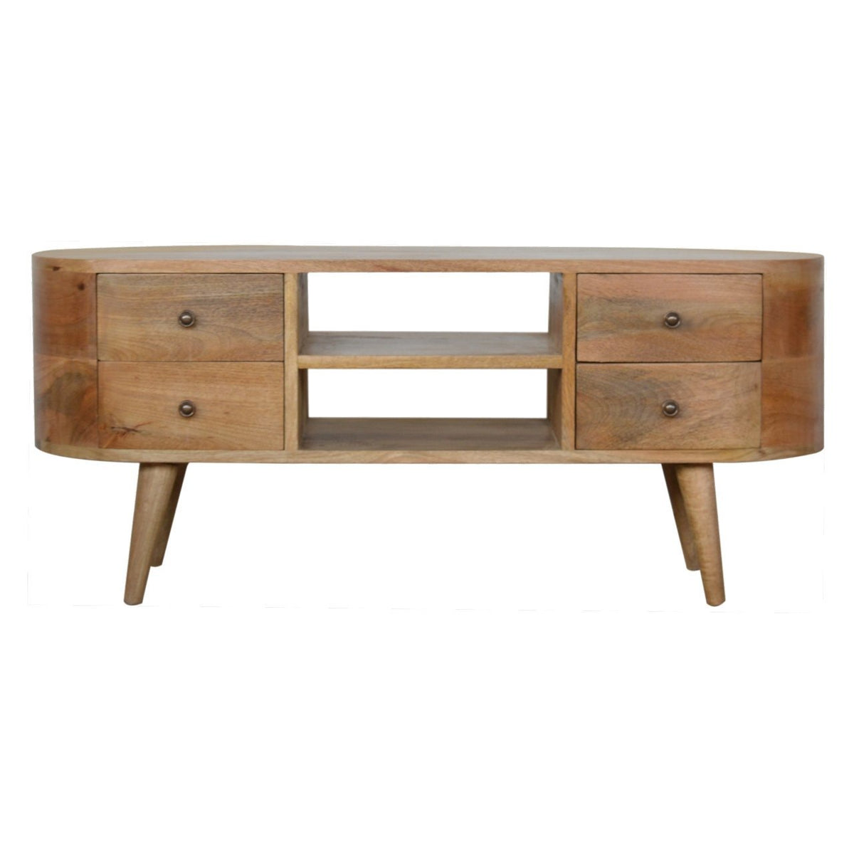 Massief houten rond entertainmentmeubel, 1 lade, bruin