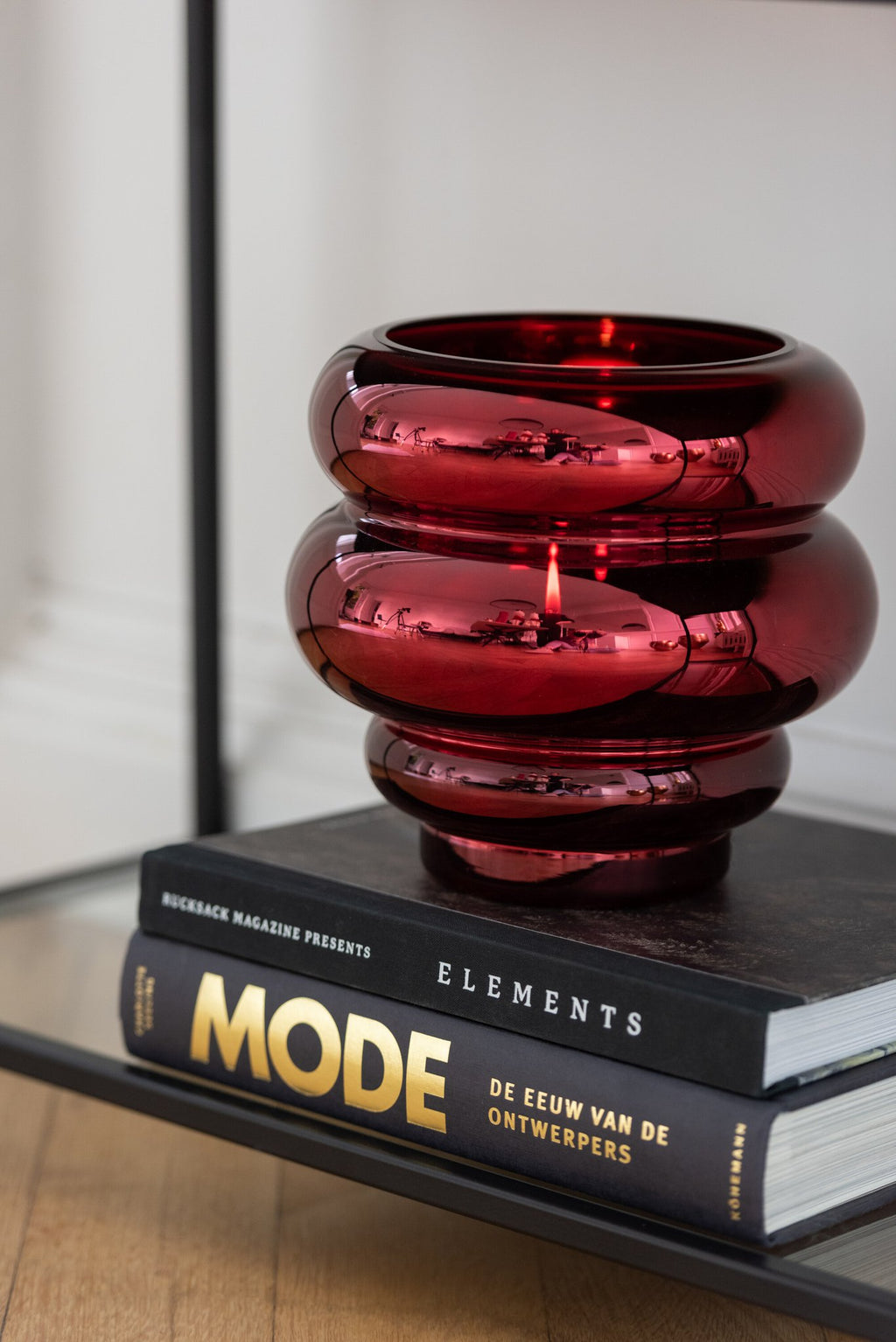 J-Line theelichthouder/vaas Cléa - glas - donkerrood - Ø 20 cm
