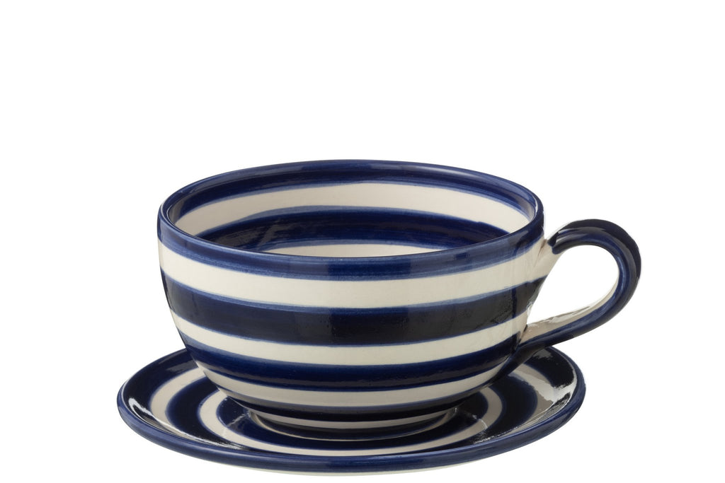 J-Line kop + schoteltje Granada Stripes - keramiek - wit/blauw