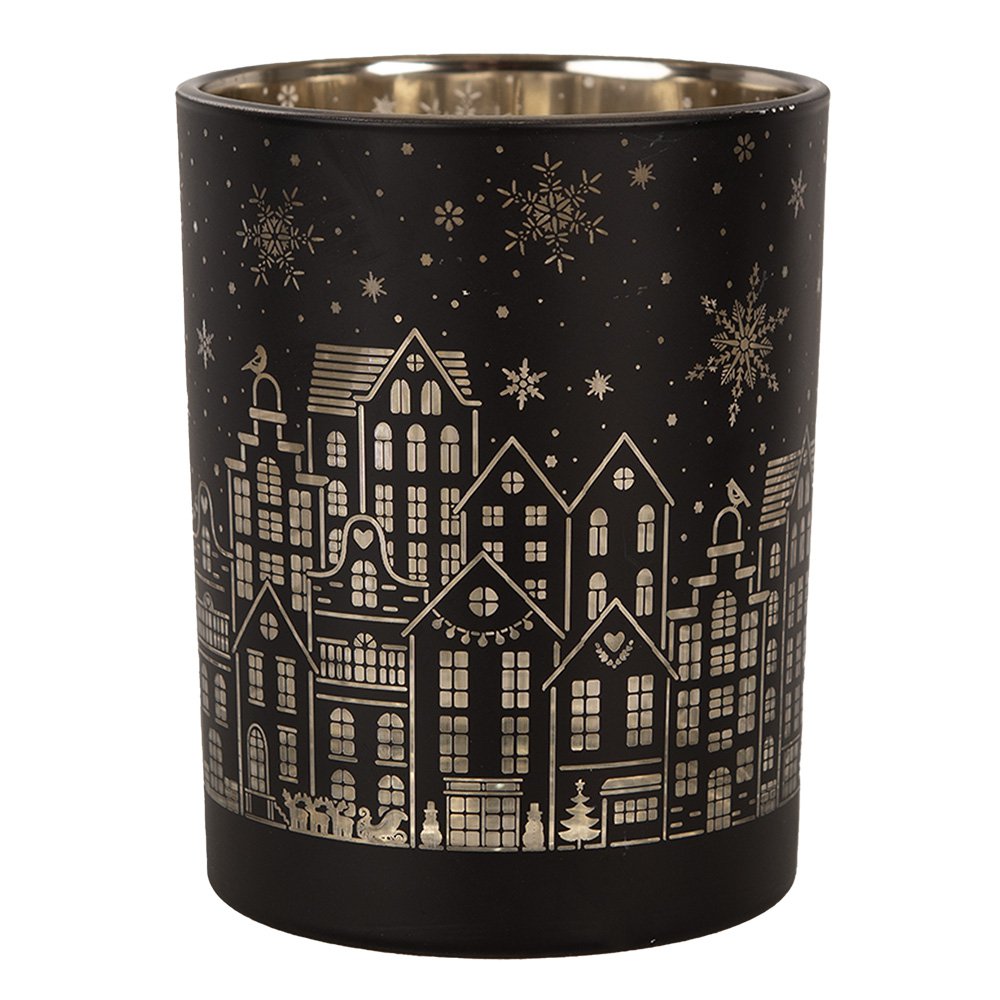 Theelichthouder Set van 2 Ø 9x10 / Ø 10x12 cm Zwart Glas Huizen Waxinelichthouder