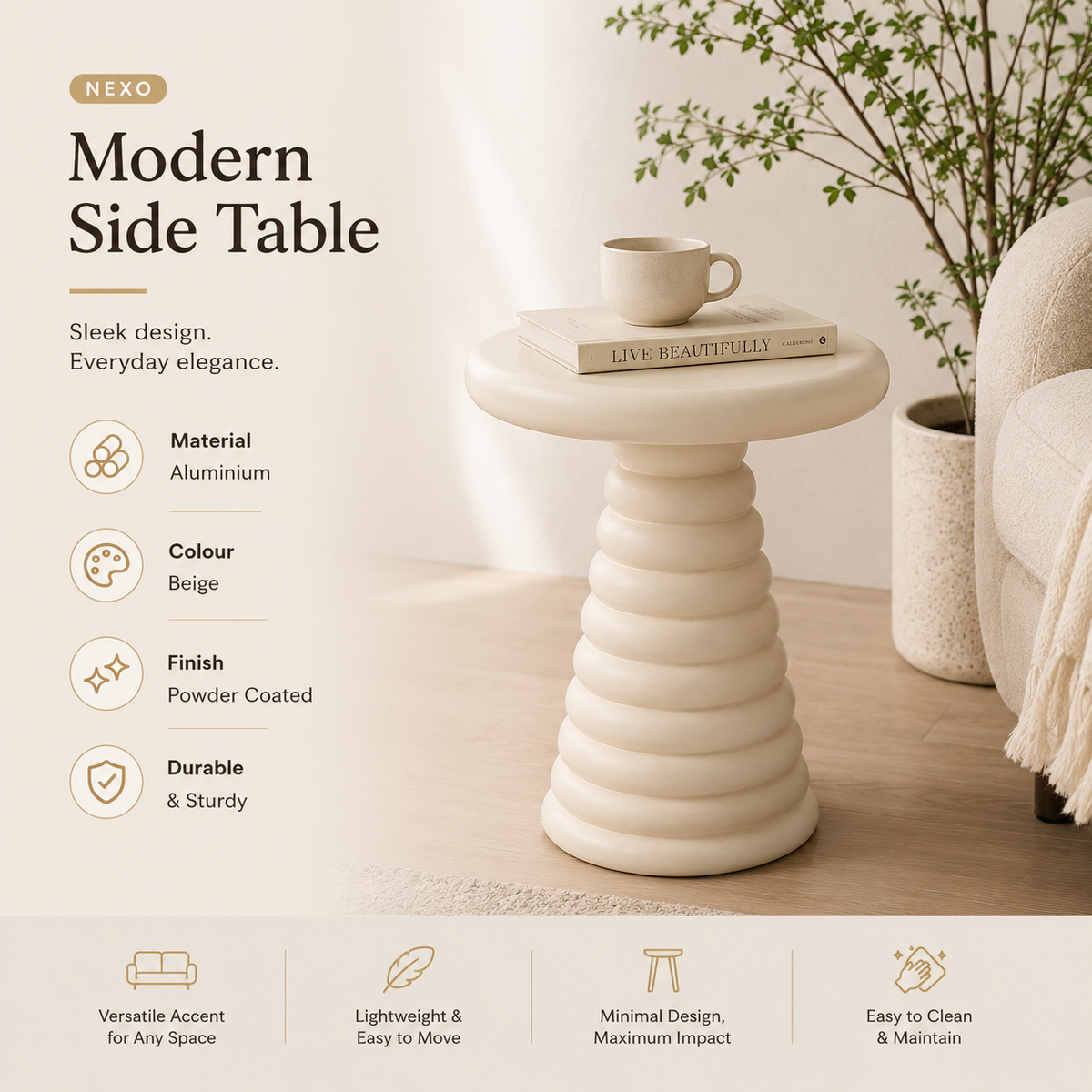 Beige gepoedercoate aluminium bijzettafel
