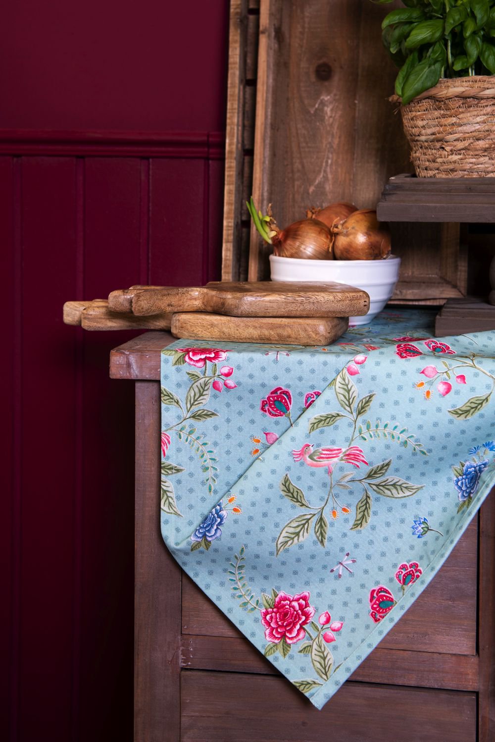 Tafelloper 50x160 cm Blauw Groen Katoen Bloemen Tafelkleed