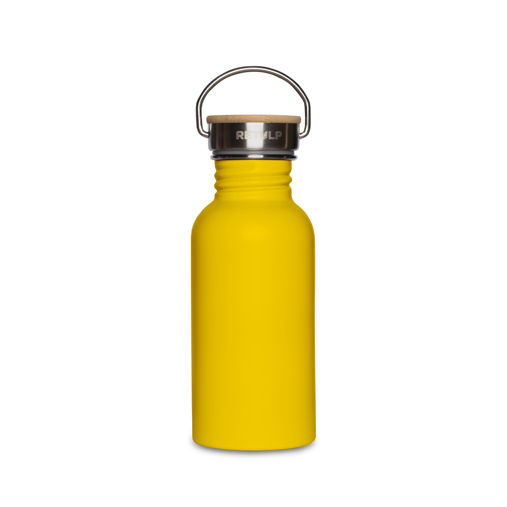 RVS drinkfles bamboe dop 500 ml steel Yellow
