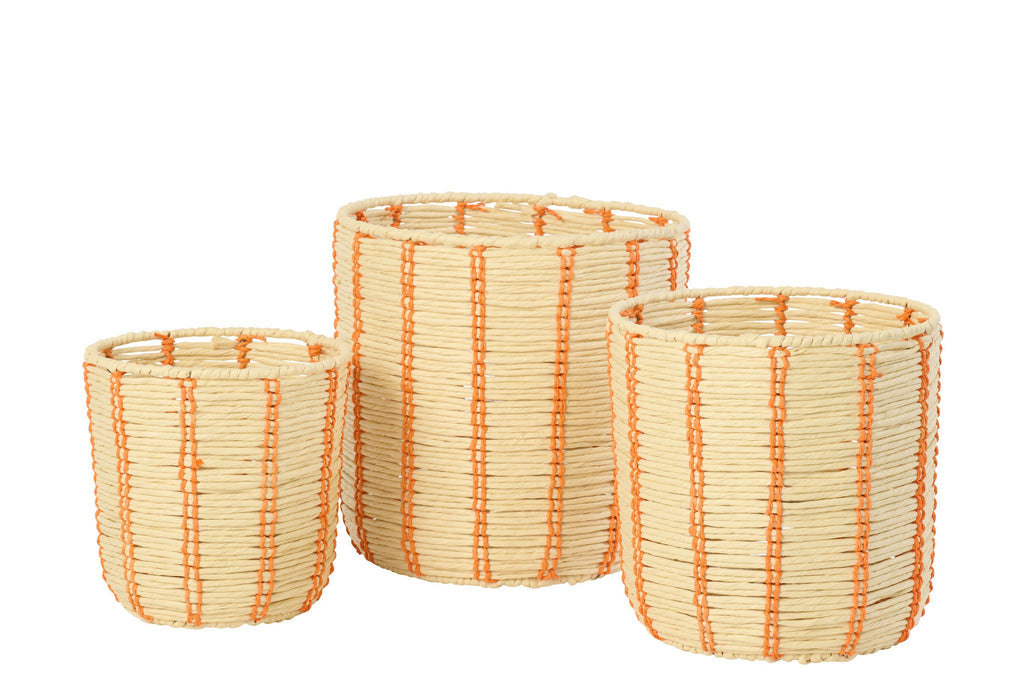 J-Line mand Rond Gestreept - ijzer/papier - naturel/oranje - set van 3