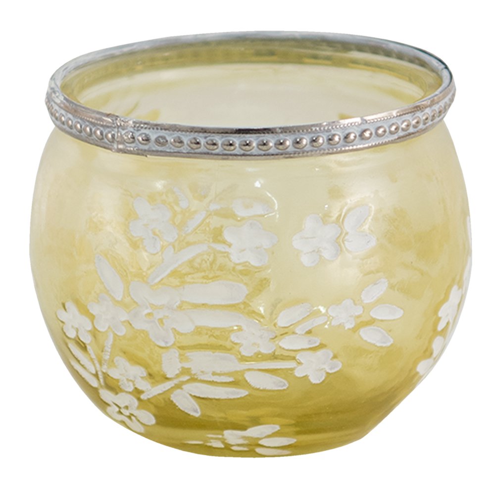 Theelichthouder Ø 10x9 cm geel wit Glas Bloemen waxinelichthouder