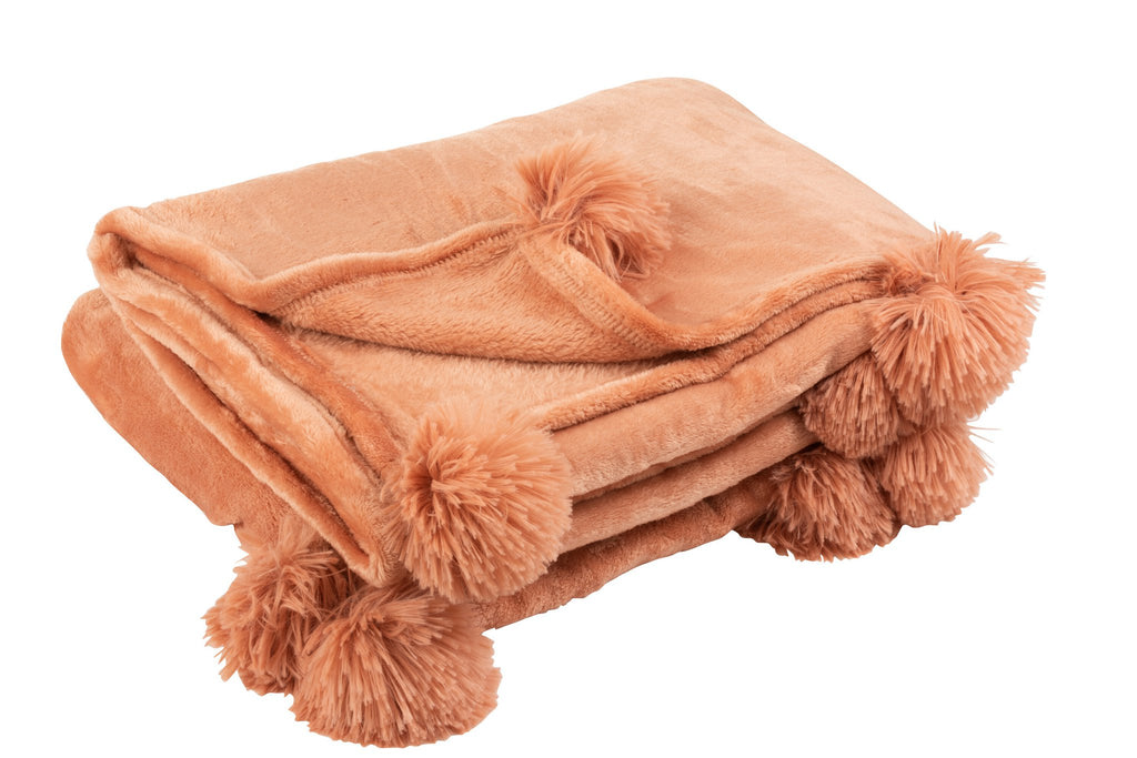 J-Line Plaid Pompon - polyester - perzik - 170 x 130 cm