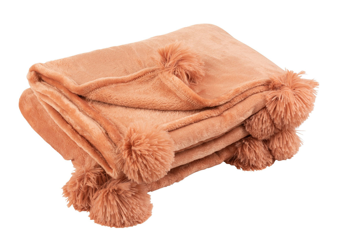 J-Line Plaid Pompon - polyester - perzik - 170 x 130 cm