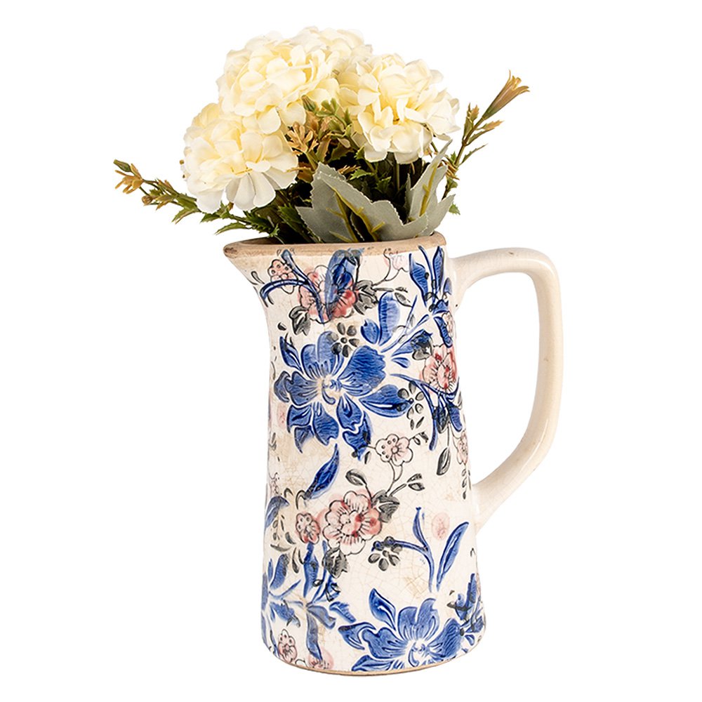 Decoratie Kan 16x11x20 cm Beige Blauw Keramiek Bloemen Schenkkan