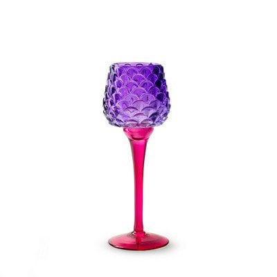 Theelichthouder op voet 'pinecone' paars fuchsia h22 d8 cm