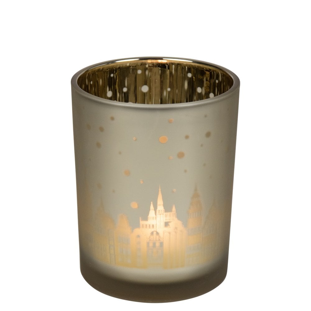 Theelichthouder huisjes goud medium 12cm