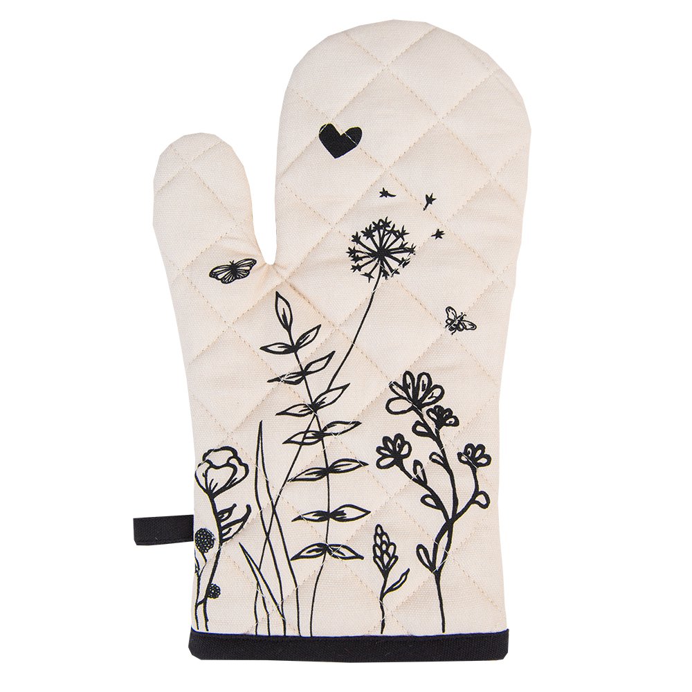 Ovenwant 18x30 cm Beige Zwart Katoen Bloemen Ovenhandschoen