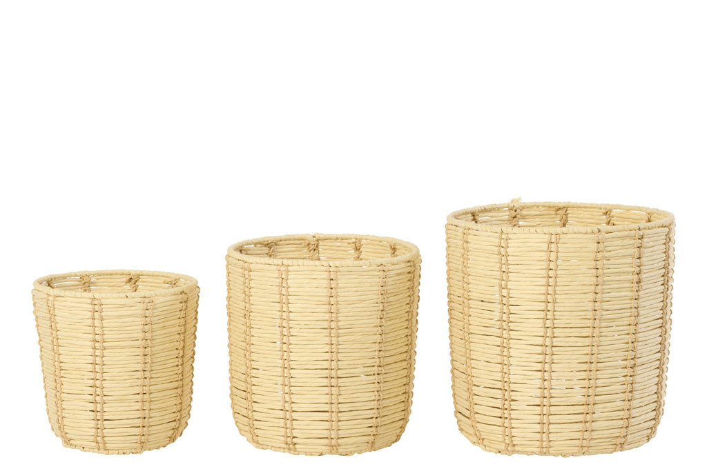 J-Line mand Rond Gestreept - ijzer/papier - naturel/beige - set van 3