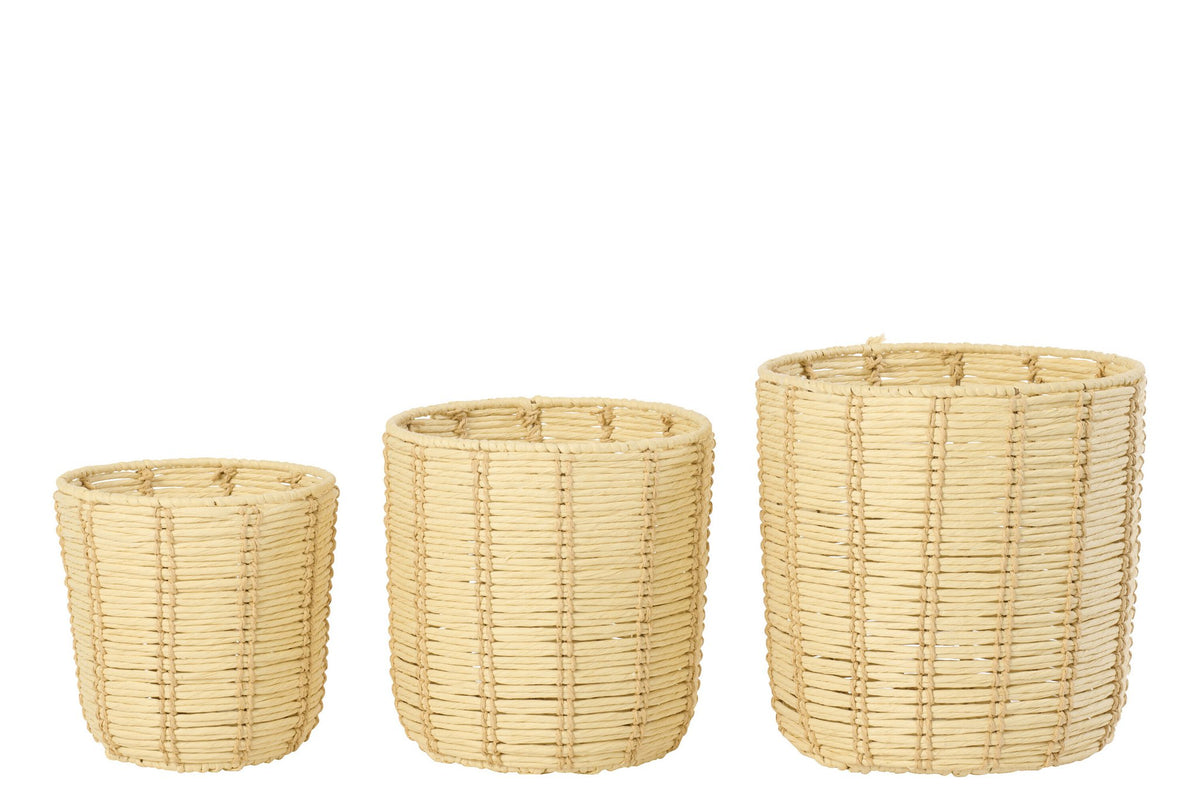 J-Line mand Rond Gestreept - ijzer/papier - naturel/beige - set van 3
