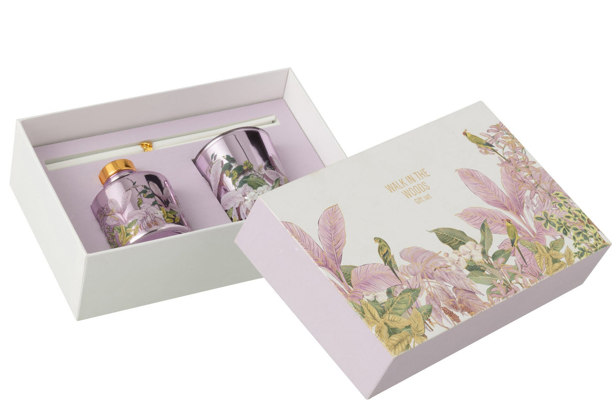 J-Line cadeauset geurkaarsen + geurolie boswandeling - roze