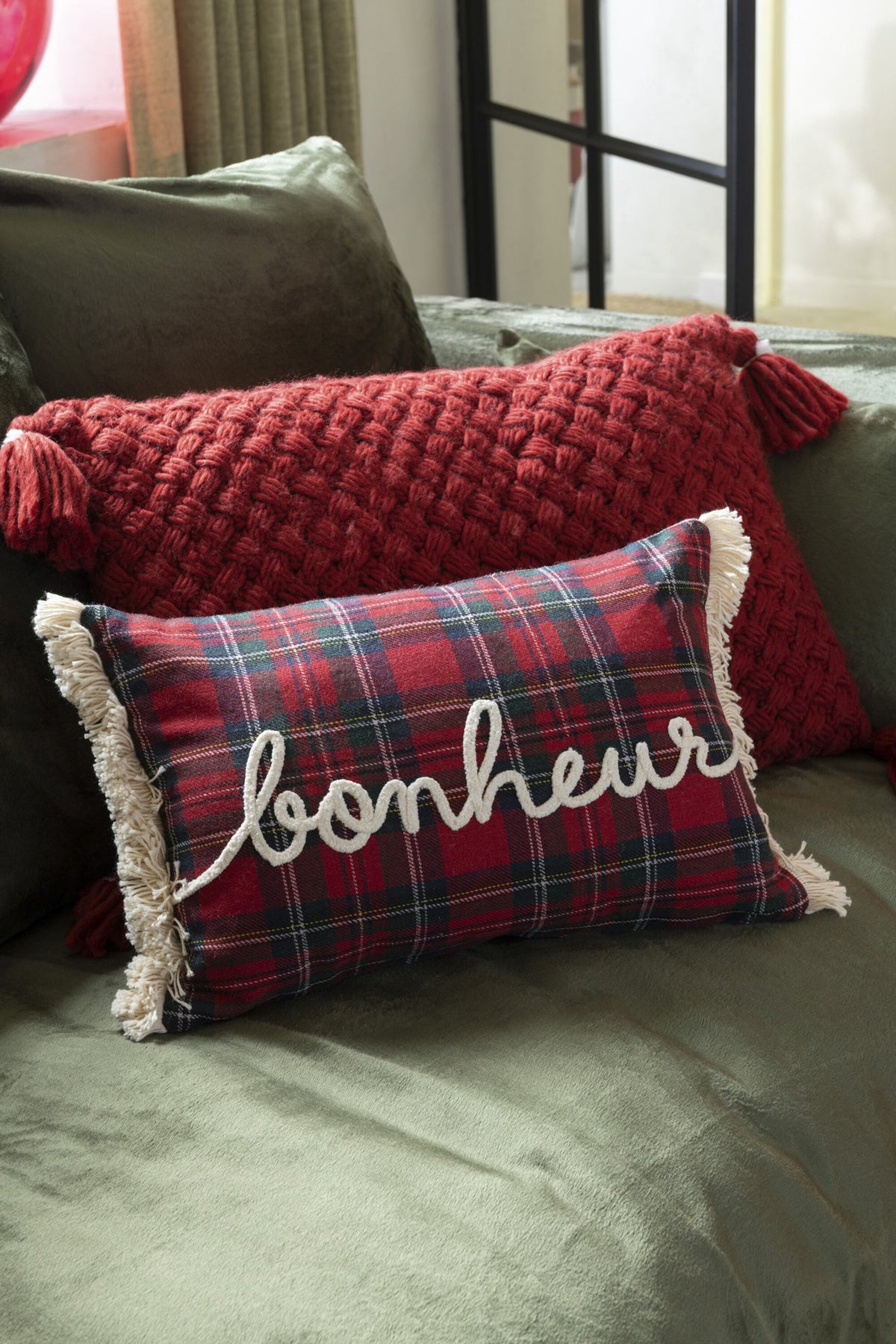 J-Line kussen Ruit Bonheur - polyester - rood/groen