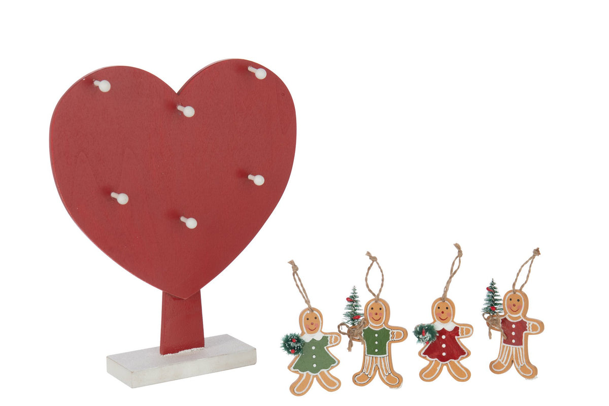 J-Line decoratie Hart + Gingerbread Hangers - multiplex - rood