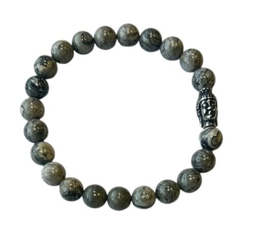 Heren armband 8 mm Picasso Jaspis grijs met Boeddha kraal
