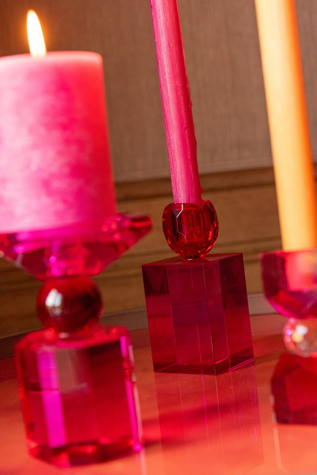 J-Line Rechthoekige kandelaar - glas - kerstrood/fuchsia