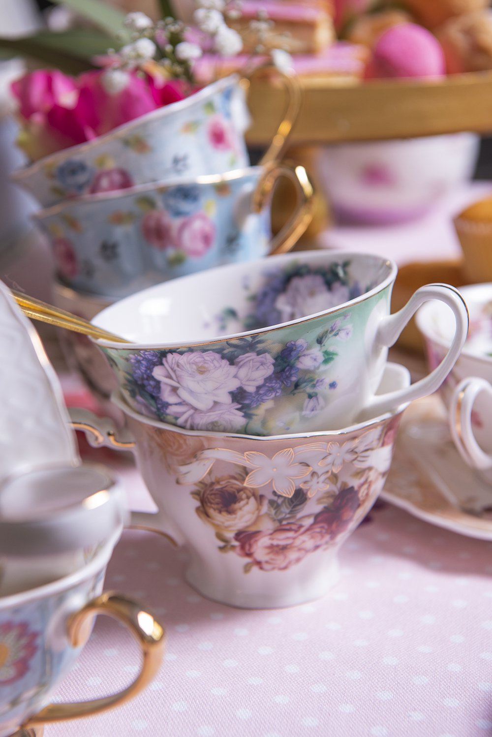 Kop en Schotel 200 ml Groen Wit Porselein Bloemen Servies