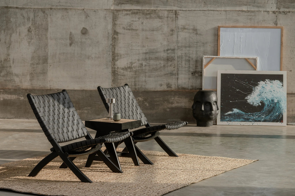 Oliver lounge stoel binnen - zwart leer - teak hout