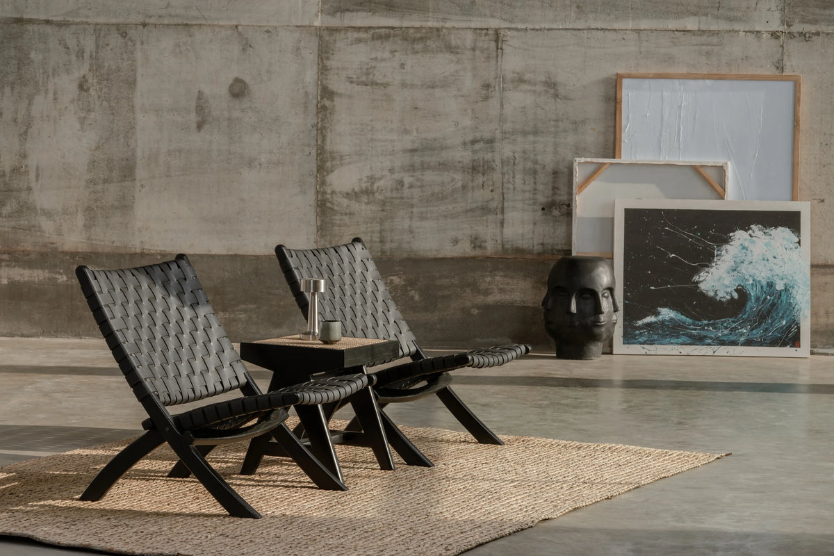 Oliver lounge stoel binnen - zwart leer - teak hout