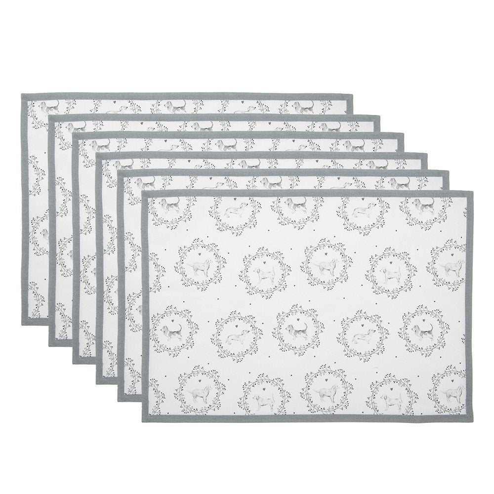 Placemats Set van 6 48x33 cm Wit Grijs Katoen Hond
