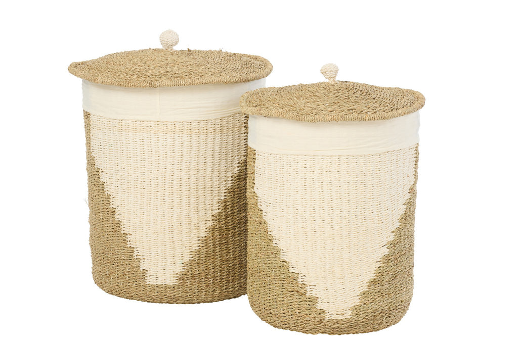 J-Line mand + deksel - ijzer/papier - wit/naturel - set van 2