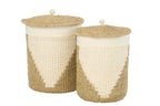 J-Line mand + deksel - ijzer/papier - wit/naturel - set van 2