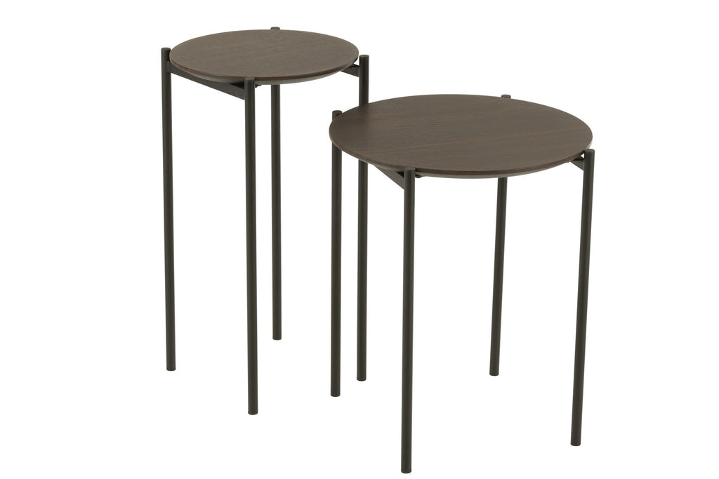 J-Line bijzettafel Rond - hout/metaal - donkerbruin - set van 2