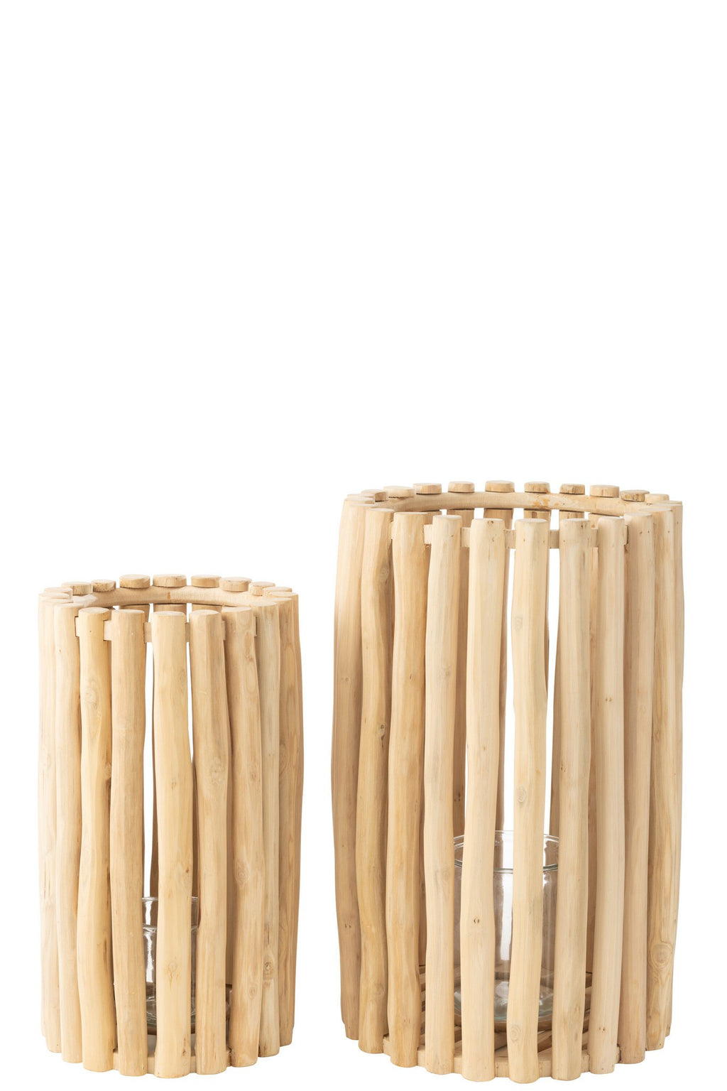 J-Line lantaarn - hout - naturel - set van 2
