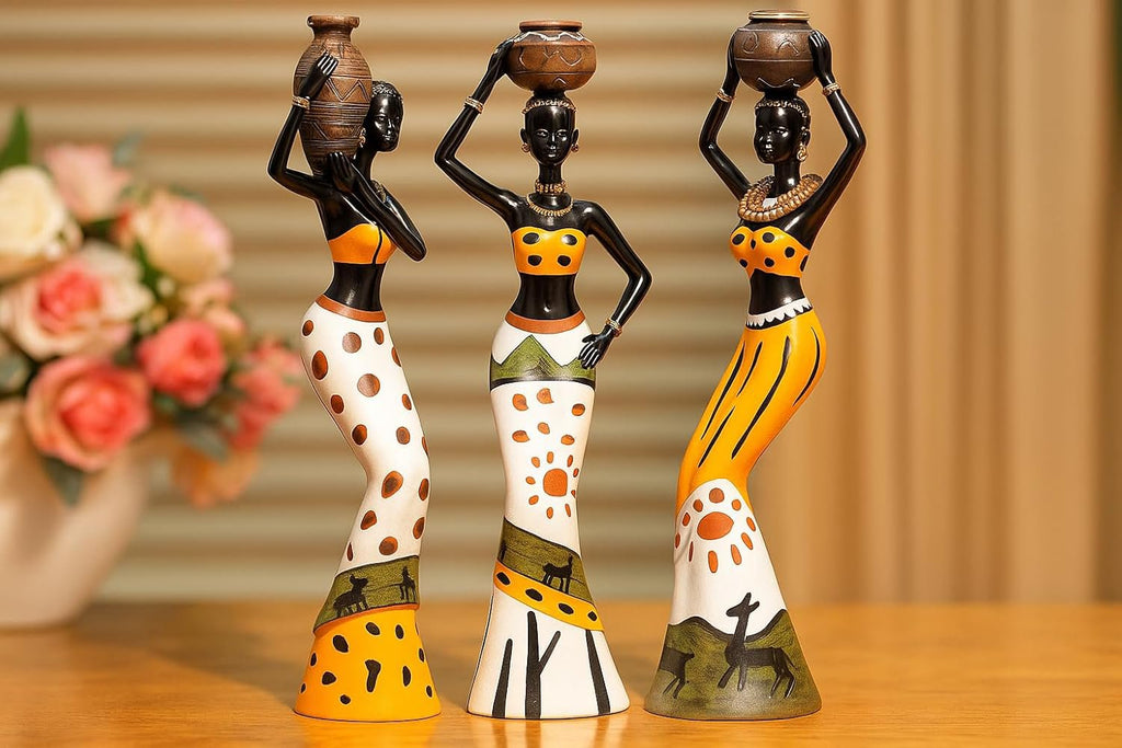Decoratieve beeldjes van hars – handgemaakte tribale kunst – set van 3 (meerkleurig)
