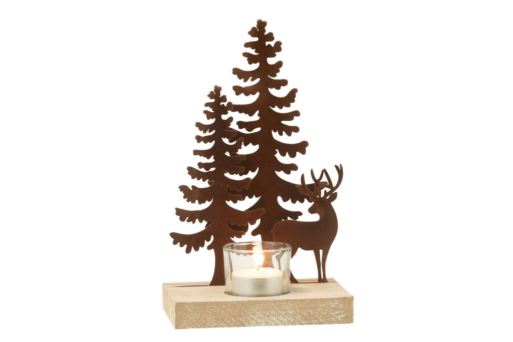 J-Line theelichthouder 1 stuk rendieren bomen - metaal/hout - bruin