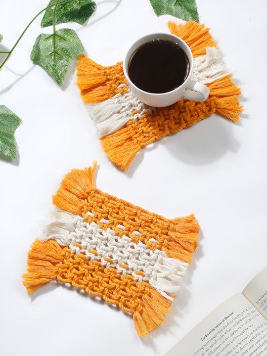 Gele Macrame Onderzetter Set – Handgemaakt Katoen Geweven - 2st