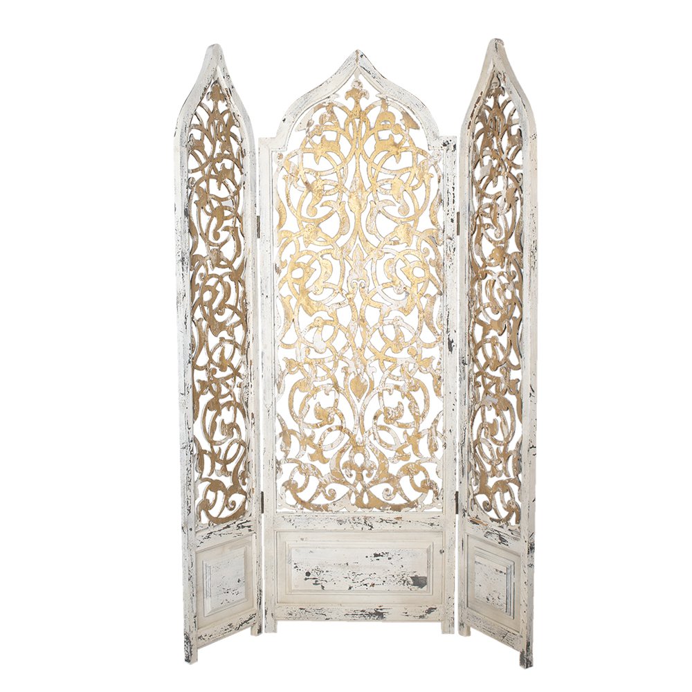 Kamerscherm Wit Goudkleurig, Hout 124x3x186 cm